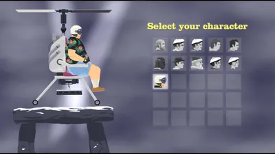 The Happy Wheels character select screen with a grid of portraits and a helicopter rider on the left