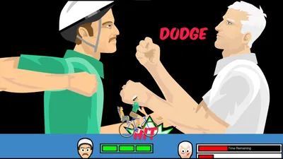 Two Happy Wheels characters trading punches with DODGE text and health bars on screen