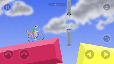 A Happy Wheels cyclist balancing on pink and yellow blocks under a cloudy sky
