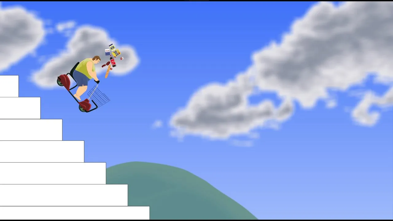 A Happy Wheels rider on a personal transporter climbing a long set of white stairs toward the sky