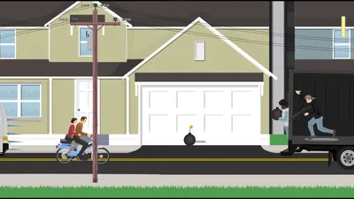 Irresponsible Dad pedalling a bicycle with his son on the back past a row of suburban houses