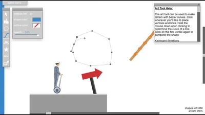 The Happy Wheels level editor open with the art tool help panel and a red arrow object on a grey stage