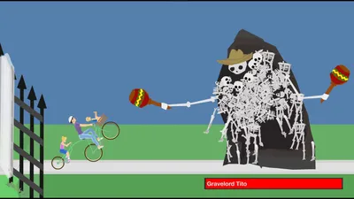 Two riders on bicycles approaching a huge white spiked figure on a green field