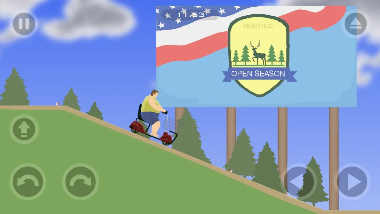 A rider on a scooter passing an OPEN SEASON billboard on a green Happy Wheels hill