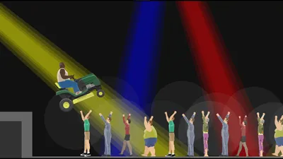 Lawnmower Man riding across a dark concert stage lit by stage lights in Happy Wheels