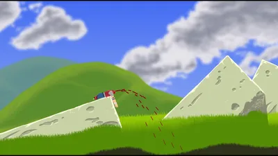 A Happy Wheels rider on a personal transporter launching off a hill with a dashed trajectory arc