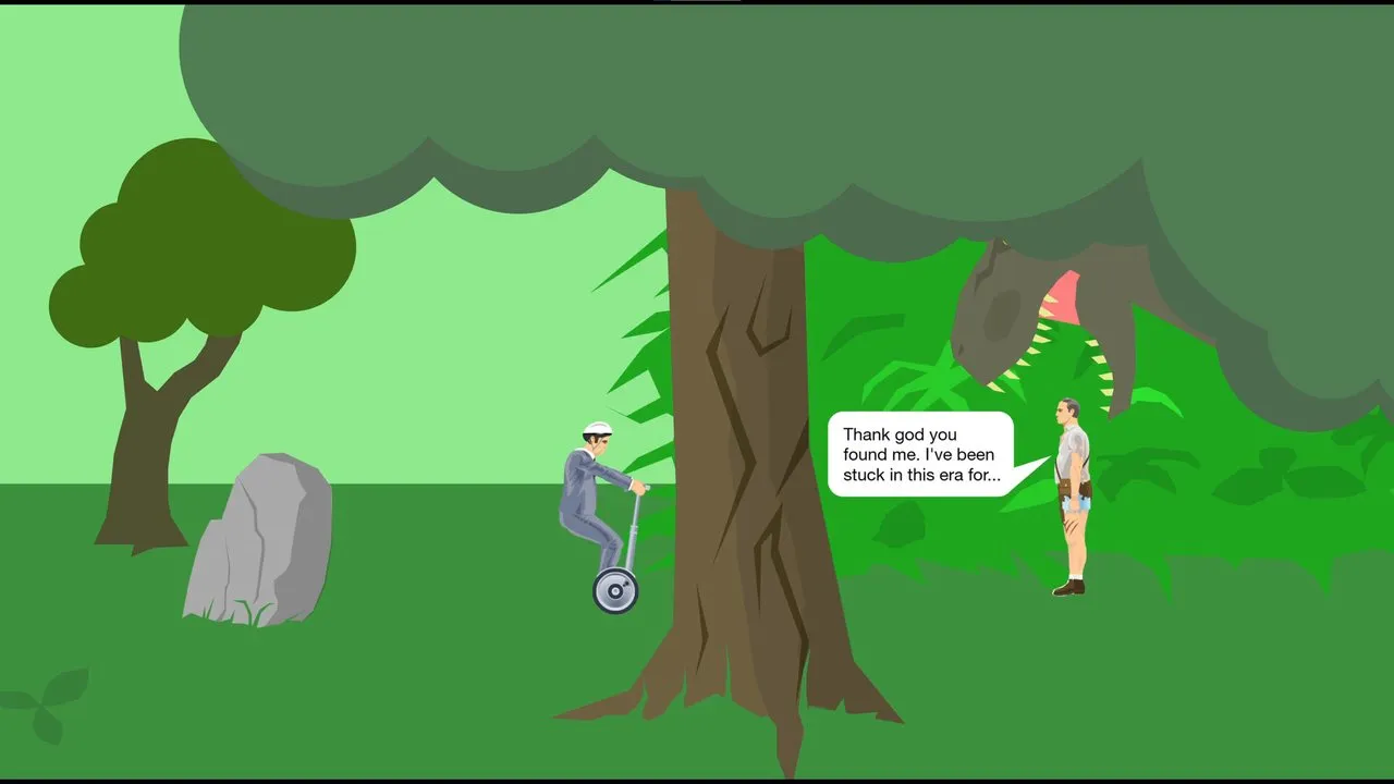 Business Guy on a personal transporter passing a waving character in a green park in Happy Wheels