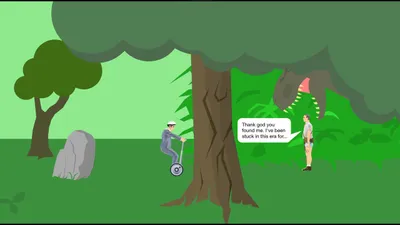 Business Guy on a personal transporter passing a waving character in a green park in Happy Wheels