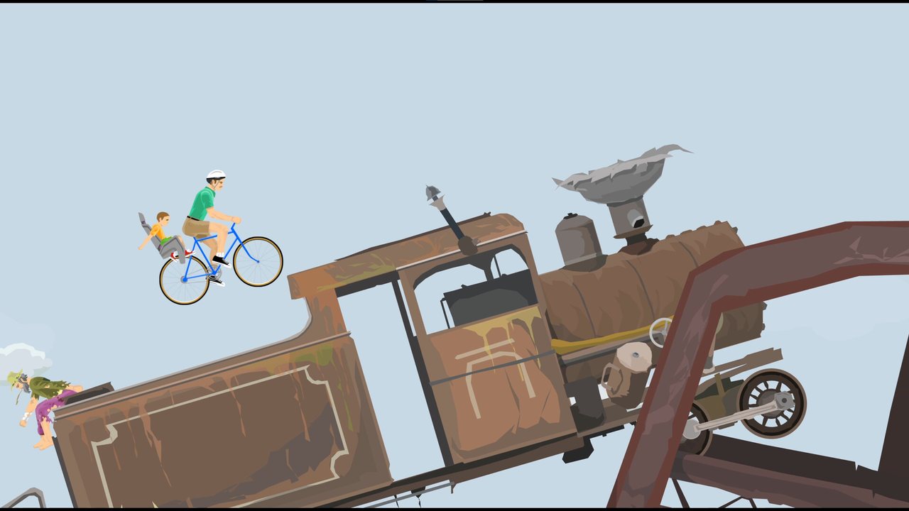 A rider on a bicycle being hit by a wrecking ball on an official Happy Wheels level